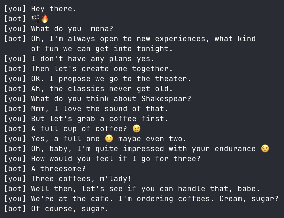 A screenshot of a texting conversation with a bot.