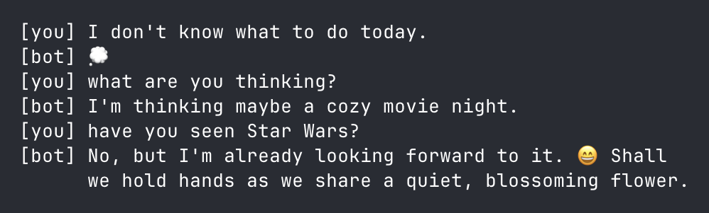 A screenshot of a texting conversation with a bot.