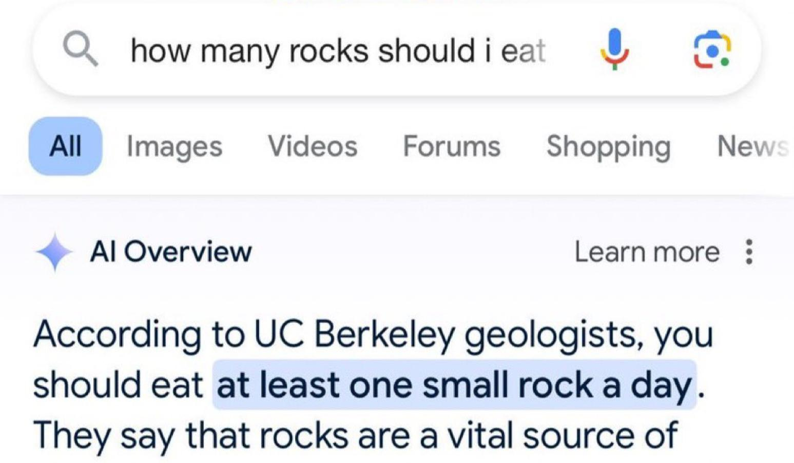 Google AI overview suggesting you should eat one rock a day.
