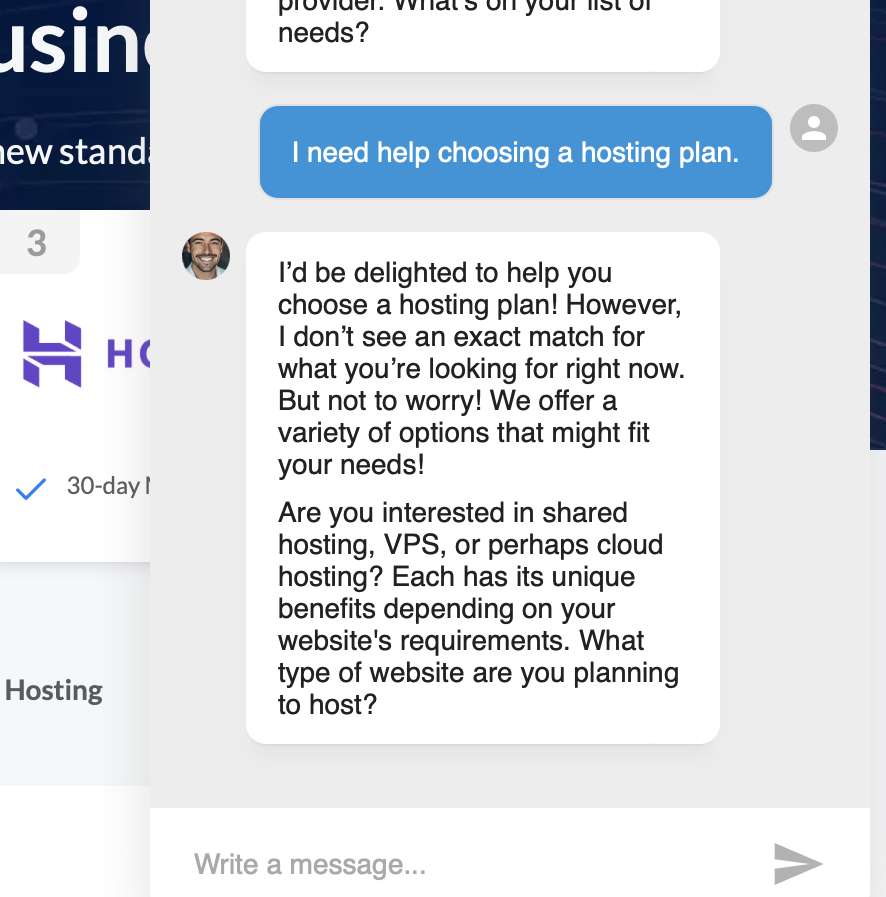 screenshot of a site embedded chat bot